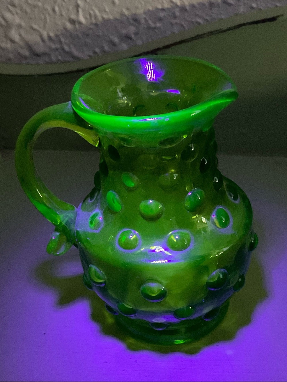 Kanawha Mini Green Glass Hobnail Pitcher Uranium